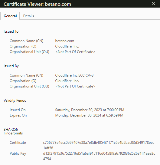 certificado de seguridad SSL de Cloudflare en Betano