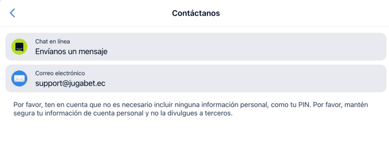 Interfaz de la página de contacto de Jugabet mostrando opciones telefónicas y digitales
