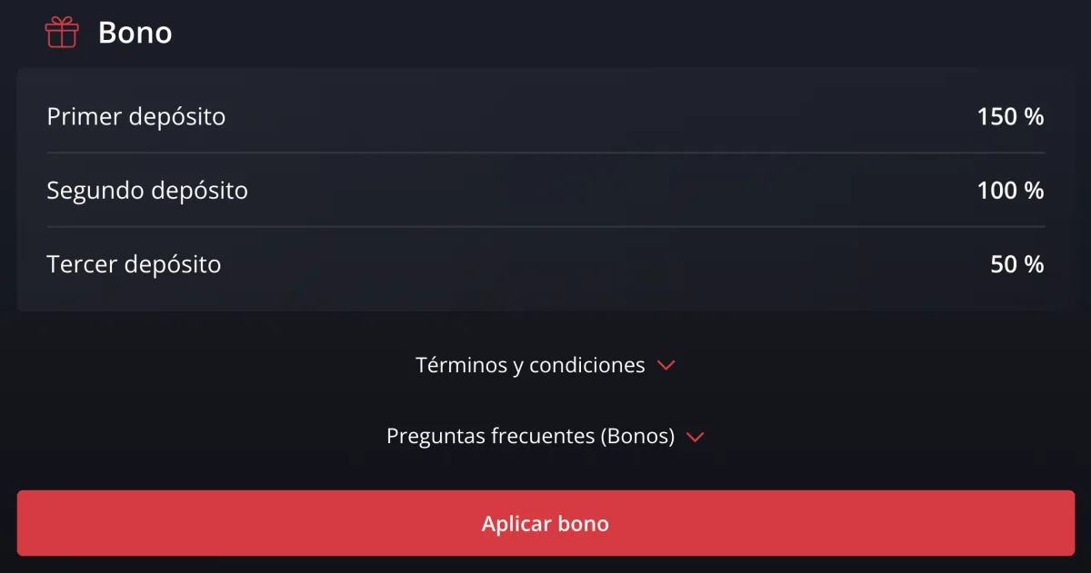 Paquete de bienvenida de deportes de Starda con el porcentaje de cada uno de los tres depósitos