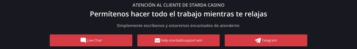 Página de contacto de Starda con el chat, el correo y Telegram