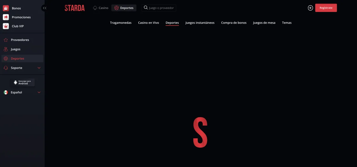 Sección de deportes de Starda detenida en la pantalla de carga con el logo de la casa