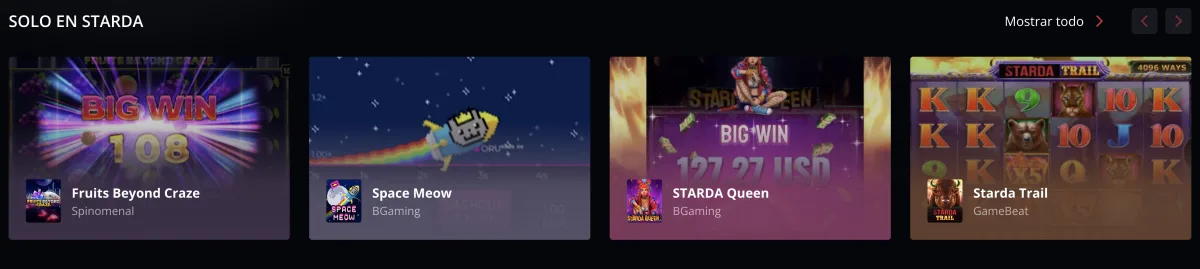 Fila de juegos exclusivos de Starda con Fruits Beyond Craze, Space Meow, STARDA Queen y Starda Trail